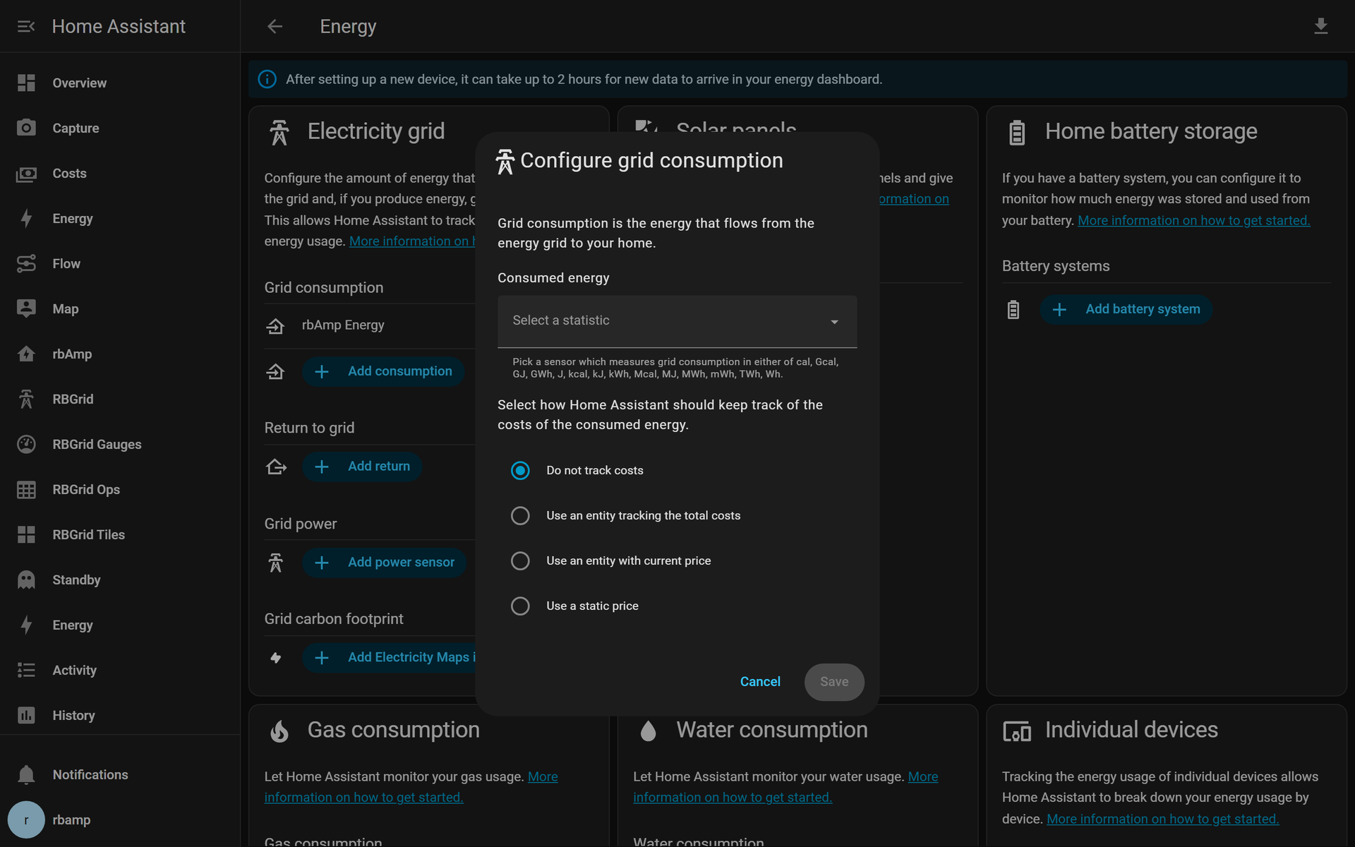 Adding sensor.rbamp_energy as an individual device in the HA Energy settings