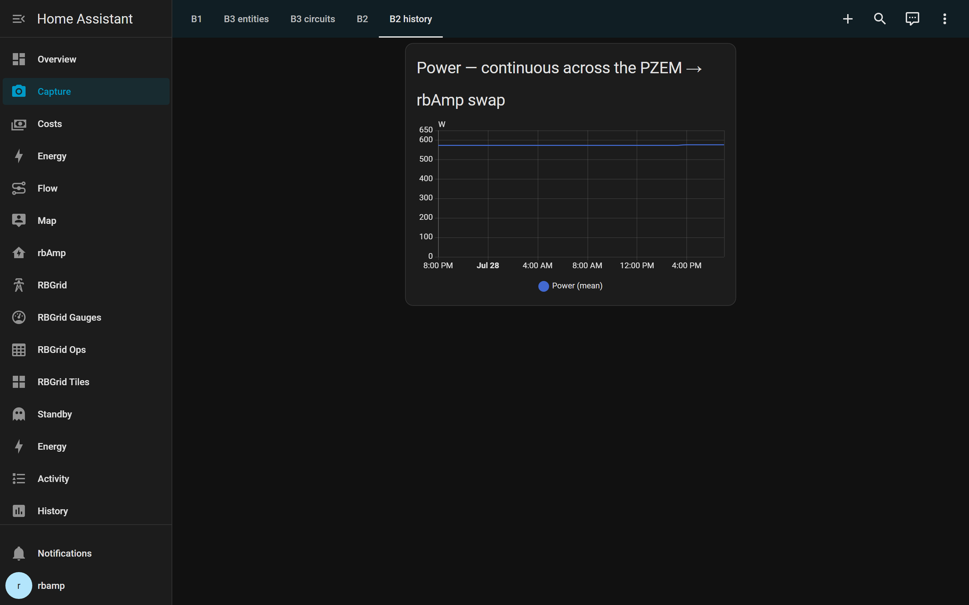 Power continuous across the PZEM → rbAmp swap — no gap, no reset