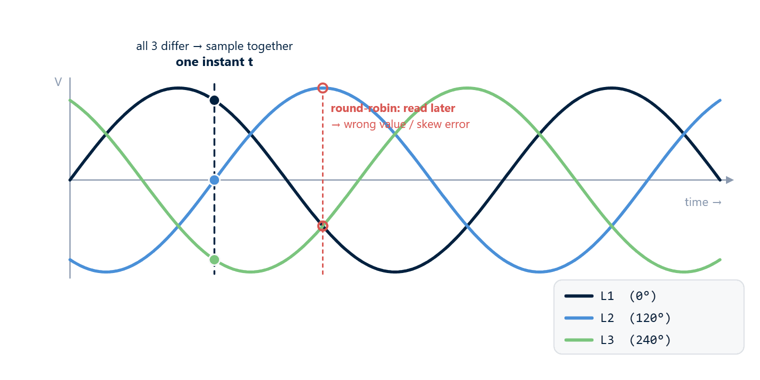 Three voltage sinusoids offset by 120° — at any given instant all three phases have different voltages, so sampling must be synchronous